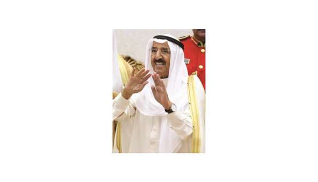 Kuwaitu2019s Amir Sheikh Sabah al-Ahmad al-Jaber al-Sabah gestures as he attends the opening ceremony of the new legislative year in Kuwait City, yesterday.