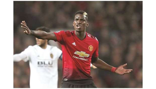 Manchester Unitedu2019s Paul Pogba gestures during the Champions League Group stage match against Valencia on Tuesday. (Reuters)