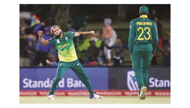 South Africau2019s Imran Tahir celebrates after taking the wicket of Zimbabweu2019s Kyle Jarvis during the second ODI in Bloemfontein yesterday. (AFP)