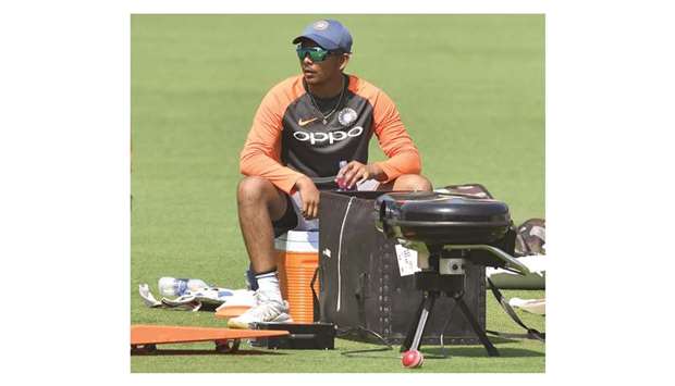 India player Prithvi Shaw looks on during a training session ahead of the first Test against West Indies at the Saurashtra Cricket Association stadium in Rajkot yesterday. (AFP)