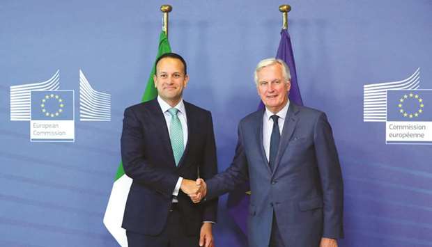 Irelandu2019s Prime Minister Leo Varadkar is welcomed by European Unionu2019s chief Brexit negotiator Michel Barnier ahead of a meeting in Brussels, Belgium, yesterday.