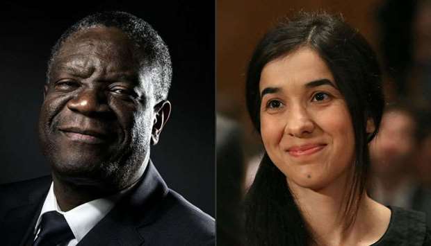 Nobel Peace Prize winners: Congolese gynecologist Denis Mukwege (L) and Nadia Murad, public advocate for the Yazidi community in Iraq and survivor of sexual enslavement by the Islamic State jihadists