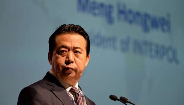 Meng Hongwei, president of Interpol, gives an address at the opening of the Interpol World Congress in Singapore on July 4, 2017.
