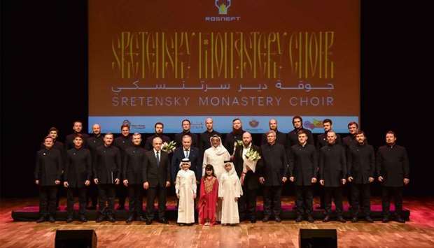 HE the Minister of Culture and Sport Salah bin Ghanem bin Nasser al-Ali and the Russian ambassador Nurmakhmad Kholov seen with the choir after the concert.
