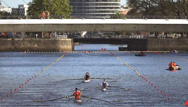 Athletes practice ahead of the Youth Olympic Games at the docks of Puerto Madero neighbourhood in Buenos Aires, Argentina