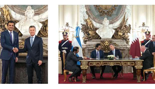 His Highness the Amir Sheikh Tamim bin Hamad al-Thani shakes hands with Argentinau2019s President Mauricio Macri at the Casa Rosada Presidential Palace in Buenos Aires yesterday(L). His Highness the Amir Sheikh Tamim bin Hamad al-Thani and President Mauricio Macri witness the signing of an agreement between Qatar and Argentina in Buenos Aires yesterday.