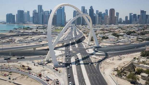 An aerial view of the 5/6 interchange, featuring the highest landmark in Qatar, 100m high arches.rnr
