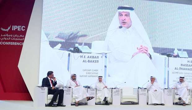 Akbar al-Baker at a panel session during the IPEC on Monday. The other panelists are QTA acting chairman Hassan Abdulrahman al-Ibrahim, QNB Group CEO Ali Ahmed al-Kuwari, and Qatar Financial Centre CEO Yousuf Mohamed al-Jaida. PICTURE: Jayan Orma
