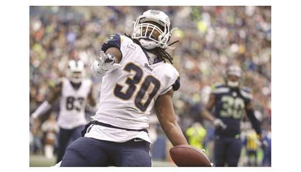 Los Angeles Rams running back Todd Gurley celebrates after scoring a touchdown against the Seattle Seahawks during the third quarter at CenturyLink Field. PICTURE: USA TODAY Sports
