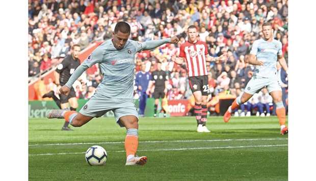 Eden Hazard scored his eighth goal of the season in Chelseau2019s 3-0 victory over Southampton on Sunday. (Reuters)