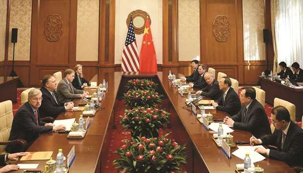 US Secretary of State Mike Pompeo meets with Yang Jiechi, a member of the Political Bureau of the Chinese Communist Party, at the Diaoyutai State Guesthouse in Beijing, China.