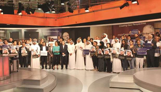 Al Jazeera Media Networku2019s journalists and staff members held a solidarity stand for prominent journalist Jamal Khashoggi yesterday.