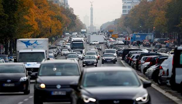 Cars are seen at Kaiserdamm street, which could be affected by a court hearing on case seeking diesel cars ban in Berlin