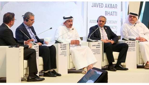 HE the Minister of Transport and Communications Jassim Seif Ahmed al-Sulaiti (centre) speaking at IPEC's panel discussion. PICTURE: Jayam Orma