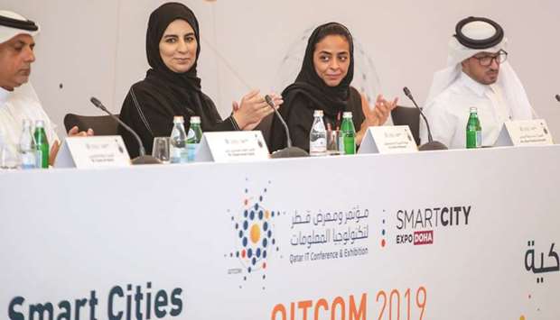 Manar Khalifa al-Muraikhi, director of PR and Corporate Communications, Ooredoo Qatar, joins Reem al-Mansoori, assistant undersecretary for the Digital Society Development sector at the Ministry of Transport and Communications during a press conference held yesterday.