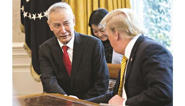 Liu He, Chinau2019s vice premier (left), shakes hands with US President Donald Trump during a meeting in the Oval Office of the White House in Washington, DC, on April 4. Late on Wednesday, Liu had told dignitaries in Washington that the Chinese side had come u201cwith great sincerityu201d and hoped to reach a u201ccommon understandingu201d with the Americans.