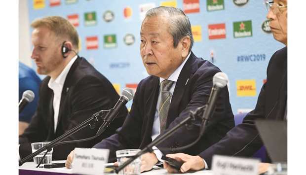 Japan Rugby CEO Akira Shimazu (right) speaks to the media in Tokyo, Japan, yesterday. (AFP)