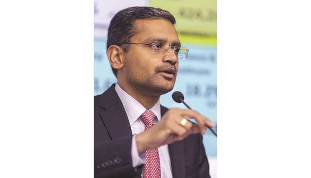 Rajesh Gopinathan, chief executive officer of Tata Consultancy Services, speaks during a news conference in Mumbai. u201cWe ended the quarter with steady growth despite increased volatility in the financial services and retail verticals,u201d Gopinathan said.