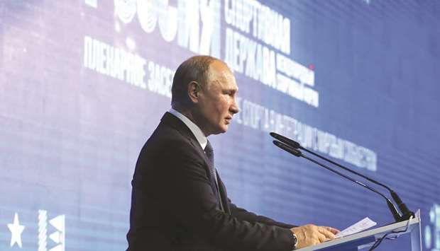 Russian President Vladimir Putin gives a speech at a sports  conference in the city of Nizhny Novgorod yesterday.