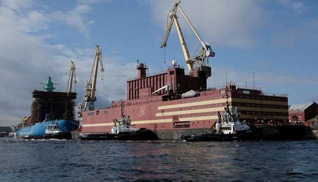 The floating nuclear power plant u201cAkademik Lomonosovu201d is seen being towed to an Atomflot base in Murmansk for nuclear fuel loading, in St. Petersburg, Russia April 28, 2018.