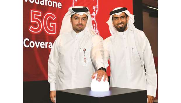 Vodafone Qatar CEO Sheikh Hamad Abdulla al-Thani and brand ambassador Mohamed Saadon al-Kuwari launching the telecommunication companyu2019s 5G reach during a ceremony held yesterday in Doha. PICTURE: Noushad Thekkayil