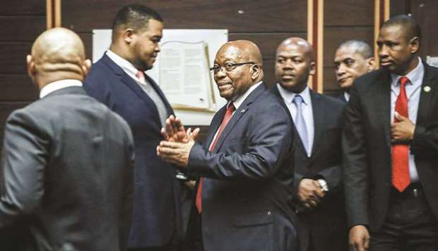 Former South African president Jacob Zuma is pictured at the High Court, where he is seeking a permanent stay of prosecution on charges of corruption, in Pietermaritzburg, yesterday.