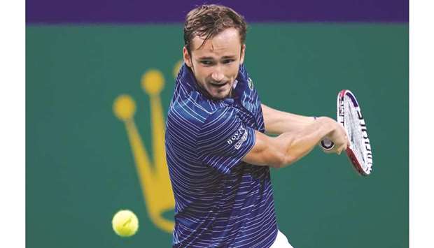 Daniil Medvedev of Russia plays a double-handed backhand during his win over Stefanos Tsitsipas of Greece at the Shanghai Masters semi-finals yesterday. (AFP)