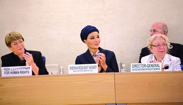Her Highness Sheikha Moza bint Nasser at the Social Forum of the Human Rights Council in Geneva, where she led a call to action for the protection of education in conflict through individual and collective efforts from the likes of governments to civil society. PICTURES: AR Al-Baker