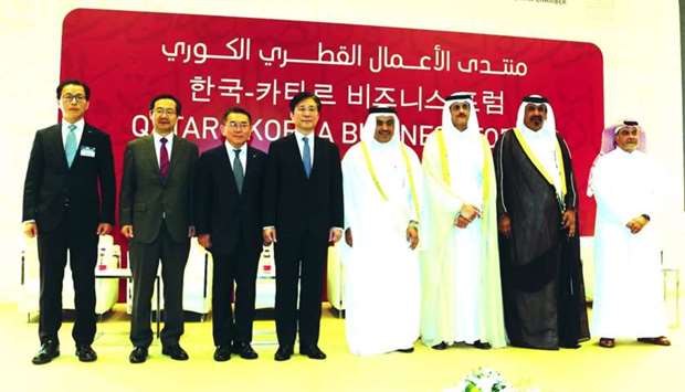HE the Minister of Commerce and Industry Ali bin Ahmed al-Kuwari and South Korean minister Sung Yun-mo with other dignitaries during the opening session of the Qatar-Korea Business Forum yesterday. PICTURE: Anas al-Samaraee
