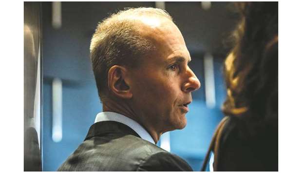 Dennis Muilenburg, CEO of Boeing Co, speaks during an event at the Economic Club of New York on October 2. Separating the CEO and chairman roles will let Muilenburg focus on getting the grounded jet back in the air, Boeing said in a statement.