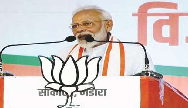 Prime Minister Narendra Modi addresses a public meeting in Bhandara, Maharashtra, yesterday.