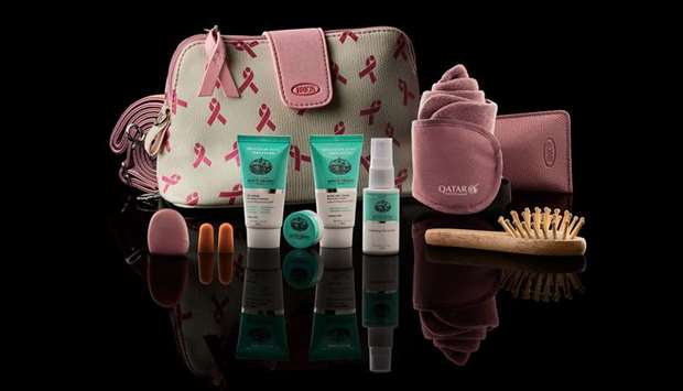 The exclusive amenity kits are made from vegan leather and offered in two different colour options u2013 a white kit with the iconic breast cancer pink ribbon prints for female passengers and a charcoal grey kit with pink accents for male passengers