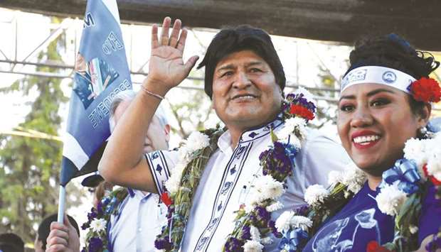 Boliviau2019s President Evo Morales waves during a campaign rally in Sucre, Bolivia.