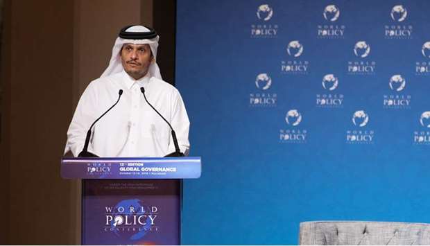HE the Deputy Prime Minister and Minister of Foreign Affairs Sheikh Mohamed bin Abdulrahman al-Thani addressing the World Policy Conference (WPC) in Marrakesh, Morocco, on Saturday.