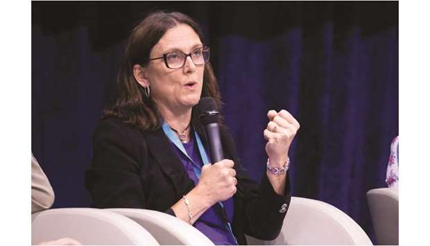 Cecilia Malmstrom, EU trade commissioner, gestures while speaking during a panel discussion at the 75th anniversary of the Bretton Woods system of monetary management in Paris on July 16. Malmstrom has told her US counterpart, Robert Lighthizer, that his tariff plan on European exports would compel the EU to apply countermeasures in a parallel lawsuit over aid the US provided to Boeing Co.