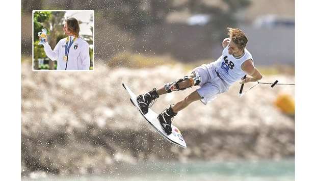 Massimiliano Piffaretti (also inset) of Italy in action during the menu2019s wakeboard final in the ANOC World Beach Games Qatar 2019 yesterday. (Laurel Photo)