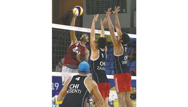 Action from the Qatar vs Chile beach volleyball match yesterday.