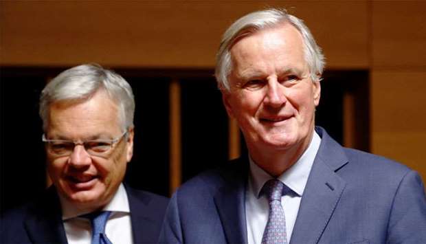 EU's Chief Brexit Negotiator Michel Barnier walks with European Justice Commissioner-designate Didier Reynders of Belgium during the General Affairs council addressing the state of play of Brexit, in Luxembourg
