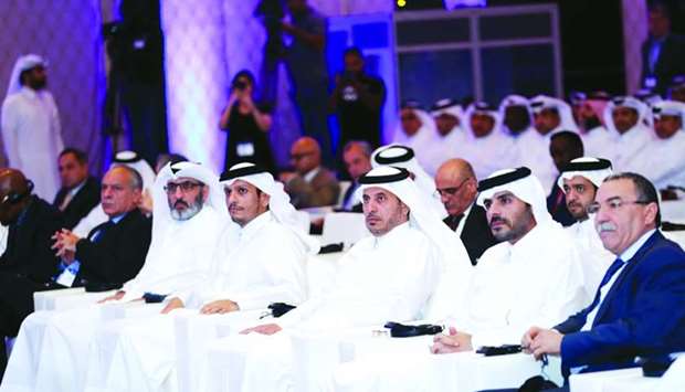 HE the Prime Minister and Interior Minister Sheikh Abdullah bin Nasser bin Khalifa al-Thani, HE the Deputy Prime Minister and Minister of Foreign Affairs Sheikh Mohamed bin Abdulrahman al-Thani and other dignitaries at the opening session of the Global Security Forum 2019.
