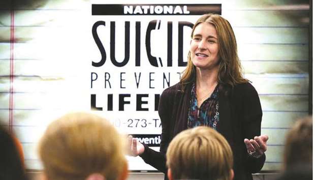 Jodie Segal, director of education with Elyssau2019s Mission, leads a suicide awareness workshop on April 30, 2019, at Bannockburn School in Bannockburn. (Stacey Wescott / Chicago Tribune)