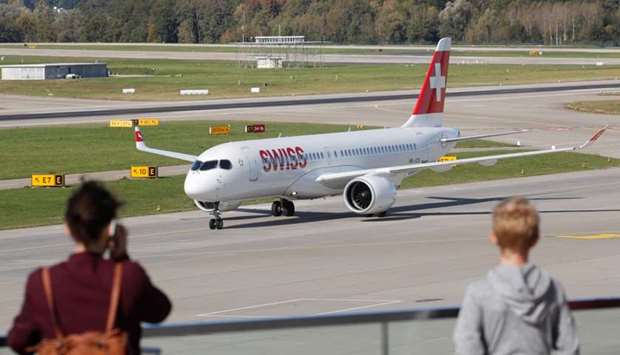 An Airbus A220 jet of Swiss Airlines is seen at Zurich airport in Zurich, Switzerland.