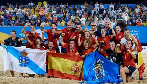 Spanish womenu2019s beach soccer team celebrate their win in the competition at the ANOC World Beach Games at Katara Beach yesterday. (Laurel Photo Services)