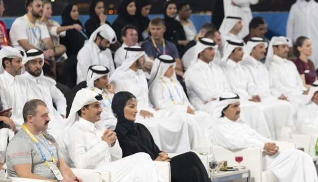 His Highness the Amir Sheikh Tamim bin Hamad al-Thani attended the final of beach volleyball competitions of the ANOC World Beach Games Qatar 2019 between the Qatari and the US teams. His Highness the Father Amir Sheikh Hamad bin Khalifa al-Thani and Her Highness Sheikha Moza bint Nasser attended the match. The final, which was held Wednesday evening at Katara Beach, ended with the US team's winning over Qatar 2-0. The match was attended by a number of Their Excellencies Sheikhs and senior officials, and a large crowd of sports fans.