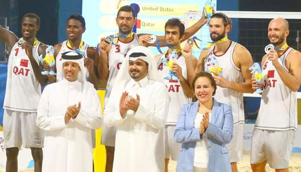 The silver winning Qatar volleyball team with Qatar Olympic Committee president HE Sheikh Joaan bin Hamad al-Thani