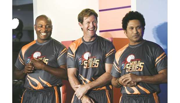 (From left) Former cricketers Brian Lara, Jonty Rhodes and Sachin Tendulkar attend an event to promote the Road Safety World Series T20 cricket league in Mumbai, India, on Thursday. (AFP)