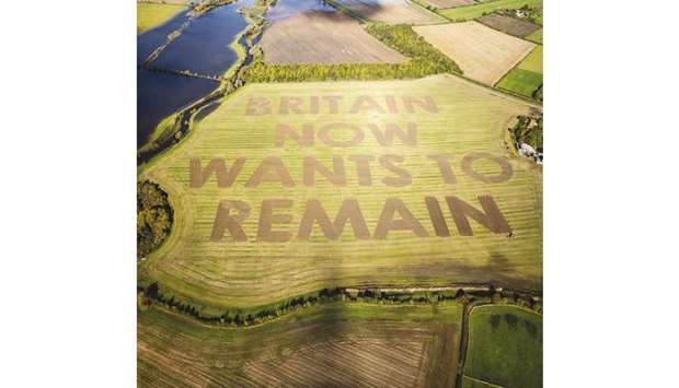 The words u2018Britain now wants to remainu2019 is cut by anti-Brexit group Led By Donkeys in a field near Swindon, county Wiltshire.