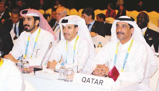 Qatar Olympic Committee Secretary General Jassim Rashid al-Buanain and Director of Sports Khalil al-Jabir attend the concluding session of the ANOC General Assembly yesterday.