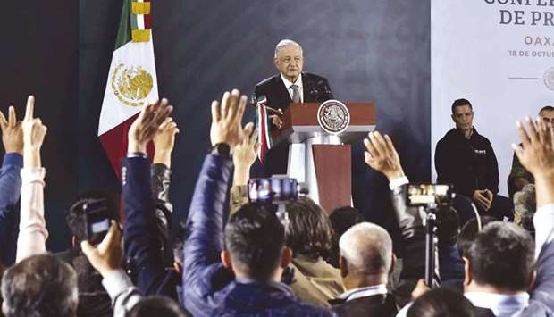 Mexicou2019s President Andres Manuel Lopez Obrador addresses a press conference in Oaxaca, Mexico, yesterday.