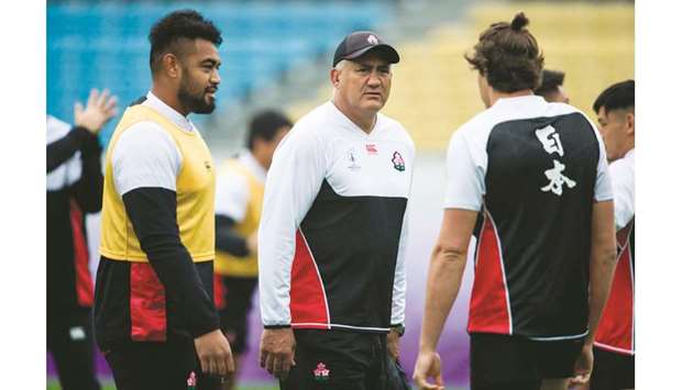 Japanu2019s head coach Jamie Joseph (centre) leads the captainu2019s run training session at the Prince Chichibu Memorial Rugby Stadium in Tokyo, Japan, yesterday. (AFP)