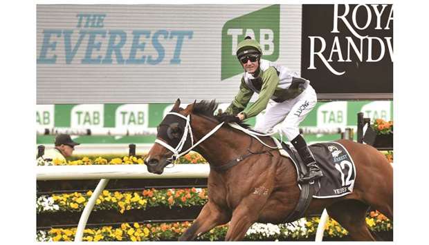Yes Yes Yes, ridden by jockey Glen Boss, wins the Everest 2019 horse race at the Royal Randwick race course in Sydney, Australia, yesterday. (AFP)